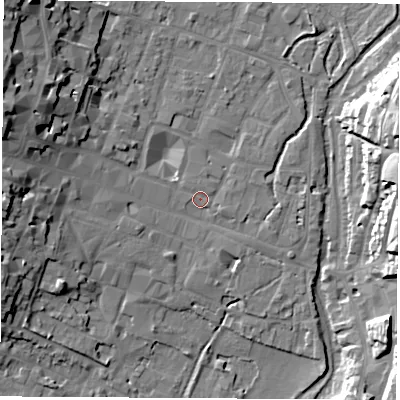 Shaded relief map of the ground around SO238AE, computed from Environment Agency LiDAR. The ground here sits at about 37 m above sea level and falls 24 m across the surrounding 800 m. Surface water reaching this point runs off ground lying to the west-north-west, 18.0 m higher.