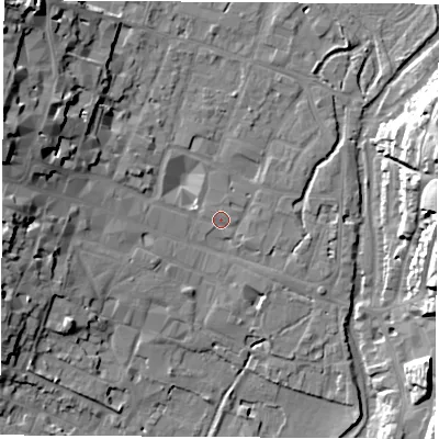 Shaded relief map of the ground around SO238AF, computed from Environment Agency LiDAR. The ground here sits at about 37 m above sea level and falls 24 m across the surrounding 800 m. Surface water reaching this point runs off ground lying to the north, 0.6 m higher.