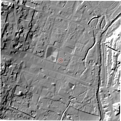 Shaded relief map of the ground around SO238AQ, computed from Environment Agency LiDAR. The ground here sits at about 37 m above sea level and falls 24 m across the surrounding 800 m. Surface water reaching this point runs off ground lying to the north-north-west, 0.6 m higher.