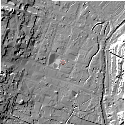 Shaded relief map of the ground around SO238BQ, computed from Environment Agency LiDAR. The ground here sits at about 37 m above sea level and falls 24 m across the surrounding 800 m. Surface water reaching this point runs off ground lying to the west-north-west, 2.7 m higher.