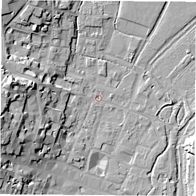 Shaded relief map of the ground around SO238DB, computed from Environment Agency LiDAR. The ground here sits at about 37 m above sea level and falls 24 m across the surrounding 800 m. Surface water reaching this point runs off ground lying to the west-south-west, 21.1 m higher.