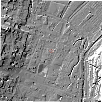 Shaded relief map of the ground around SO238DD, computed from Environment Agency LiDAR. The ground here sits at about 37 m above sea level and falls 21 m across the surrounding 800 m. Surface water reaching this point runs off ground lying to the west-north-west, 18.5 m higher.