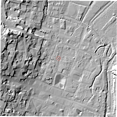 Shaded relief map of the ground around SO238DG, computed from Environment Agency LiDAR. The ground here sits at about 37 m above sea level and falls 24 m across the surrounding 800 m. Surface water reaching this point runs off ground lying to the west-south-west, 11.5 m higher.