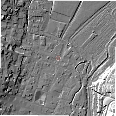 Shaded relief map of the ground around SO238DJ, computed from Environment Agency LiDAR. The ground here sits at about 37 m above sea level and falls 36 m across the surrounding 800 m. Surface water reaching this point runs off ground lying to the west, 1.5 m higher.