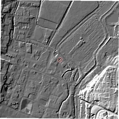 Shaded relief map of the ground around SO238DL, computed from Environment Agency LiDAR. The ground here sits at about 36 m above sea level and falls 39 m across the surrounding 800 m. Surface water reaching this point runs off ground lying to the west-south-west, 2.4 m higher.