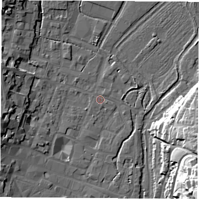 Shaded relief map of the ground around SO238DP, computed from Environment Agency LiDAR. The ground here sits at about 37 m above sea level and falls 43 m across the surrounding 800 m. Surface water reaching this point runs off ground lying to the north-east, 0.9 m higher.
