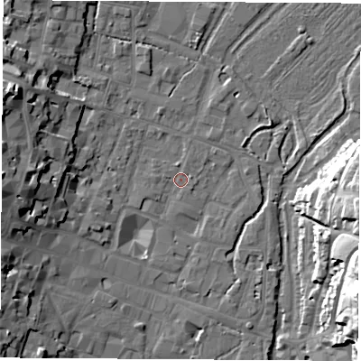 Shaded relief map of the ground around SO238DQ, computed from Environment Agency LiDAR. The ground here sits at about 37 m above sea level and falls 32 m across the surrounding 800 m. Surface water reaching this point runs off ground lying to the west-north-west, 15.4 m higher.
