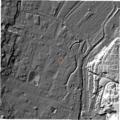 Shaded relief map of the ground around SO238DR, computed from Environment Agency LiDAR. The ground here sits at about 37 m above sea level and falls 48 m across the surrounding 800 m. Surface water reaching this point runs off ground lying to the north-east, 1.4 m higher.
