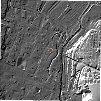 Shaded relief map of the ground around SO238DS, computed from Environment Agency LiDAR. The ground here sits at about 37 m above sea level and falls 54 m across the surrounding 800 m. The ground contributing surface water to this point lies to the south.