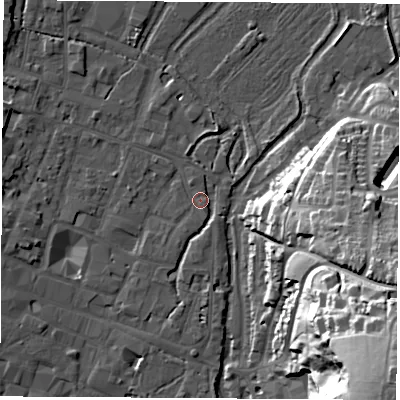 Shaded relief map of the ground around SO238DU, computed from Environment Agency LiDAR. The ground here sits at about 37 m above sea level and falls 55 m across the surrounding 800 m. Surface water reaching this point runs off ground lying to the south-south-east, 1.6 m higher.