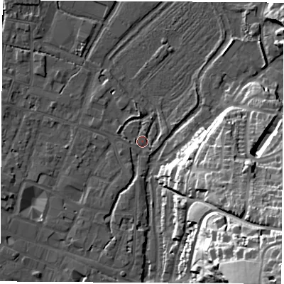 Shaded relief map of the ground around SO238DX, computed from Environment Agency LiDAR. The ground here sits at about 37 m above sea level and falls 55 m across the surrounding 800 m. Surface water reaching this point runs off ground lying to the south-south-west, 1.6 m higher.