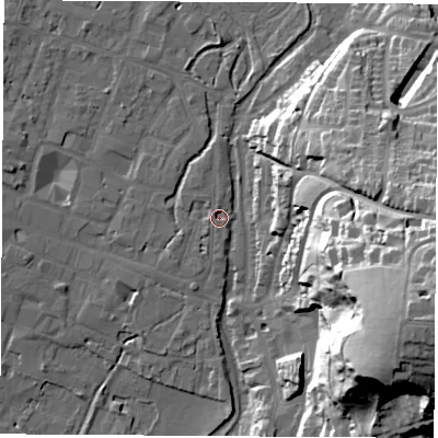 Shaded relief map of the ground around SO238DZ, computed from Environment Agency LiDAR. The ground here sits at about 37 m above sea level and falls 58 m across the surrounding 800 m. Surface water reaching this point runs off ground lying to the north-north-west, 1.4 m higher.