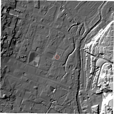 Shaded relief map of the ground around SO238ED, computed from Environment Agency LiDAR. The ground here sits at about 37 m above sea level and falls 49 m across the surrounding 800 m. Surface water reaching this point runs off ground lying to the east-south-east, 1.5 m higher.