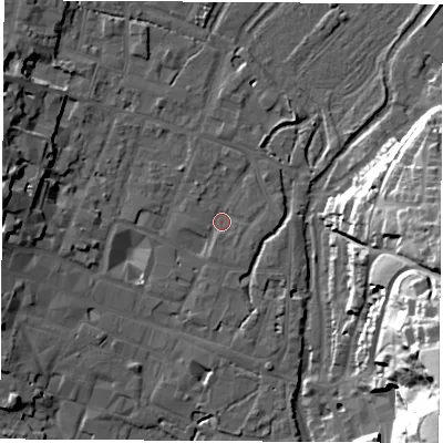 Shaded relief map of the ground around SO238EG, computed from Environment Agency LiDAR. The ground here sits at about 37 m above sea level and falls 50 m across the surrounding 800 m. Surface water reaching this point runs off ground lying to the north-north-east, 2.1 m higher.