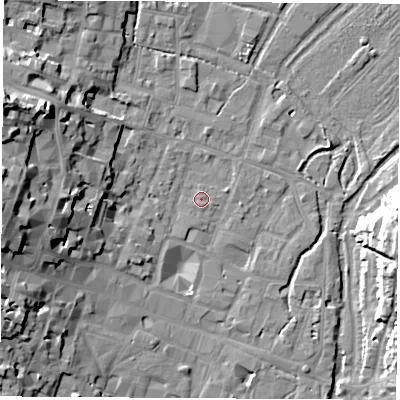 Shaded relief map of the ground around SO238HW, computed from Environment Agency LiDAR. The ground here sits at about 37 m above sea level and falls 22 m across the surrounding 800 m. Surface water reaching this point runs off ground lying to the south, 0.8 m higher.