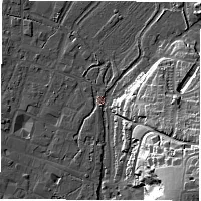 Shaded relief map of the ground around SO238QX, computed from Environment Agency LiDAR. The ground here sits at about 37 m above sea level and falls 56 m across the surrounding 800 m. Surface water reaching this point runs off ground lying to the south-west, 1.6 m higher.