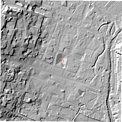 Shaded relief map of the ground around SO238QY, computed from Environment Agency LiDAR. The ground here sits at about 35 m above sea level and falls 25 m across the surrounding 800 m. Surface water reaching this point runs off ground lying to the west-north-west, 2.6 m higher.