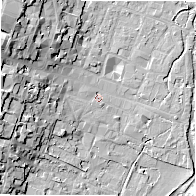 Shaded relief map of the ground around SO239AL, computed from Environment Agency LiDAR. The ground here sits at about 37 m above sea level and falls 29 m across the surrounding 800 m. Surface water reaching this point runs off ground lying to the west, 11.4 m higher.