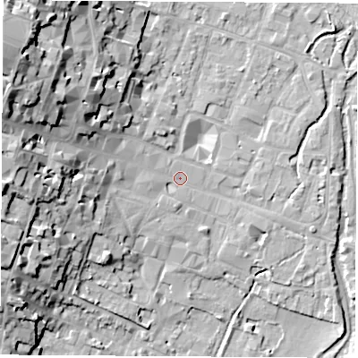 Shaded relief map of the ground around SO239AX, computed from Environment Agency LiDAR. The ground here sits at about 37 m above sea level and falls 28 m across the surrounding 800 m. Surface water reaching this point runs off ground lying to the west-north-west, 21.5 m higher.