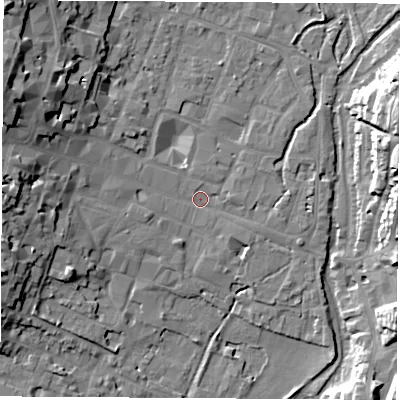 Shaded relief map of the ground around SO239AY, computed from Environment Agency LiDAR. The ground here sits at about 36 m above sea level and falls 22 m across the surrounding 800 m. Surface water reaching this point runs off ground lying to the west-north-west, 18.5 m higher.
