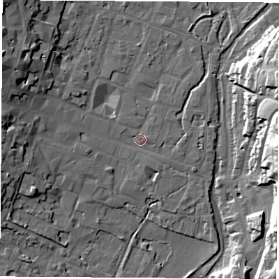 Shaded relief map of the ground around SO239AZ, computed from Environment Agency LiDAR. The ground here sits at about 36 m above sea level and falls 34 m across the surrounding 800 m. Surface water reaching this point runs off ground lying to the west-north-west, 12.5 m higher.
