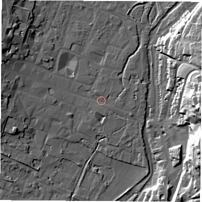 Shaded relief map of the ground around SO239BA, computed from Environment Agency LiDAR. The ground here sits at about 36 m above sea level and falls 44 m across the surrounding 800 m. Surface water reaching this point runs off ground lying to the east-north-east, 2.1 m higher.