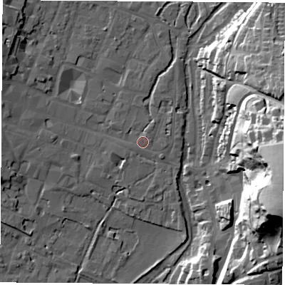 Shaded relief map of the ground around SO239BB, computed from Environment Agency LiDAR. The ground here sits at about 37 m above sea level and falls 54 m across the surrounding 800 m. Surface water reaching this point runs off ground lying to the north-east, 1.9 m higher.