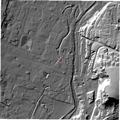 Shaded relief map of the ground around SO239BD, computed from Environment Agency LiDAR. The ground here sits at about 38 m above sea level and falls 56 m across the surrounding 800 m. Surface water reaching this point runs off ground lying to the east-north-east, 1.9 m higher.