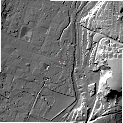 Shaded relief map of the ground around SO239BE, computed from Environment Agency LiDAR. The ground here sits at about 37 m above sea level and falls 57 m across the surrounding 800 m. Surface water reaching this point runs off ground lying to the north-north-east, 1.9 m higher.