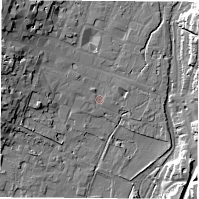 Shaded relief map of the ground around SO239BG, computed from Environment Agency LiDAR. The ground here sits at about 36 m above sea level and falls 22 m across the surrounding 800 m. Surface water reaching this point runs off ground lying to the north-west, 19.5 m higher.