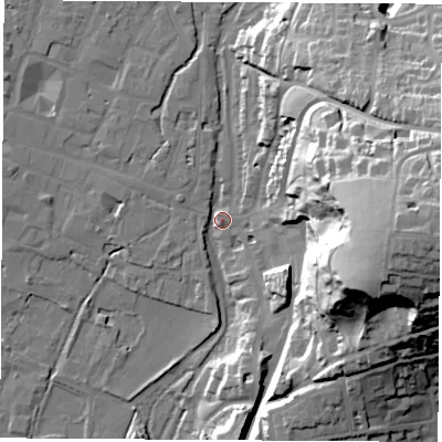 Shaded relief map of the ground around SO239BH, computed from Environment Agency LiDAR. The ground here sits at about 37 m above sea level and falls 58 m across the surrounding 800 m. Surface water reaching this point runs off ground lying to the east, 55.9 m higher.