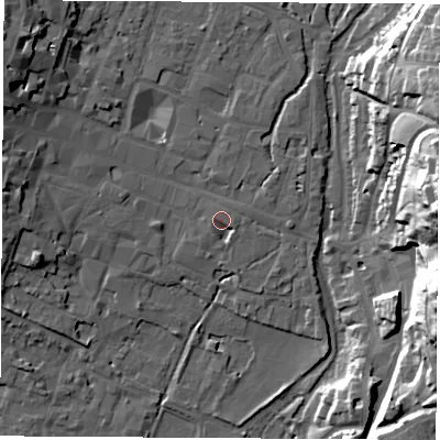 Shaded relief map of the ground around SO239GH, computed from Environment Agency LiDAR. The ground here sits at about 37 m above sea level and falls 44 m across the surrounding 800 m. Surface water reaching this point runs off ground lying to the south-south-west, 2.0 m higher.