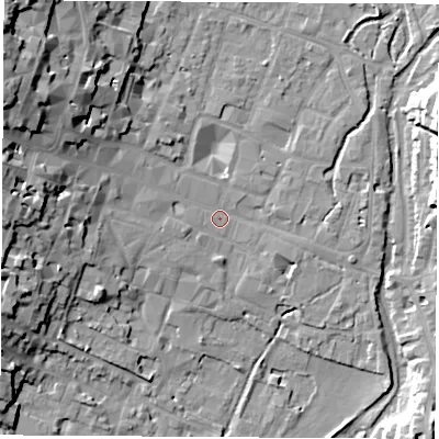 Shaded relief map of the ground around SO239JX, computed from Environment Agency LiDAR. The ground here sits at about 36 m above sea level and falls 25 m across the surrounding 800 m. Surface water reaching this point runs off ground lying to the west-north-west, 20.7 m higher.