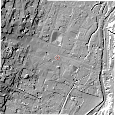 Shaded relief map of the ground around SO239LA, computed from Environment Agency LiDAR. The ground here sits at about 36 m above sea level and falls 25 m across the surrounding 800 m. Surface water reaching this point runs off ground lying to the west-north-west, 20.7 m higher.