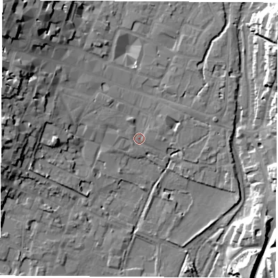 Shaded relief map of the ground around SO239LG, computed from Environment Agency LiDAR. The ground here sits at about 36 m above sea level and falls 22 m across the surrounding 800 m. Surface water reaching this point runs off ground lying to the north-west, 19.6 m higher.