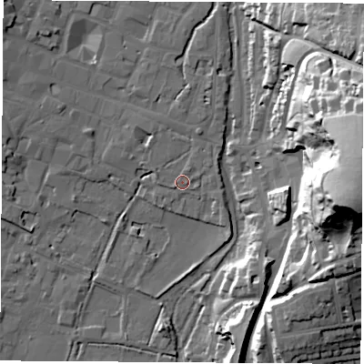 Shaded relief map of the ground around SO239LH, computed from Environment Agency LiDAR. The ground here sits at about 36 m above sea level and falls 57 m across the surrounding 800 m. Surface water reaching this point runs off ground lying to the north-north-east, 1.8 m higher.