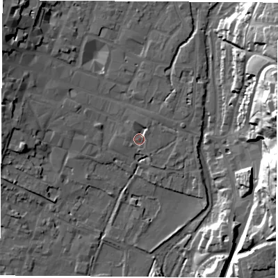 Shaded relief map of the ground around SO239LL, computed from Environment Agency LiDAR. The ground here sits at about 36 m above sea level and falls 44 m across the surrounding 800 m. Surface water reaching this point runs off ground lying to the north-east, 2.1 m higher.