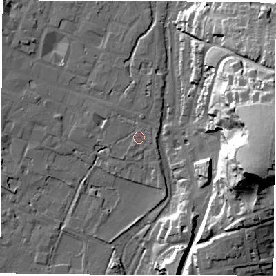 Shaded relief map of the ground around SO239LN, computed from Environment Agency LiDAR. The ground here sits at about 36 m above sea level and falls 57 m across the surrounding 800 m. Surface water reaching this point runs off ground lying to the north, 1.7 m higher.