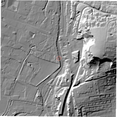 Shaded relief map of the ground around SO239LR, computed from Environment Agency LiDAR. The ground here sits at about 36 m above sea level and falls 60 m across the surrounding 800 m. Surface water reaching this point runs off ground lying to the east-north-east, 56.1 m higher.