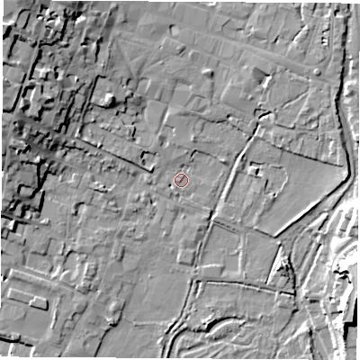 Shaded relief map of the ground around SO239LT, computed from Environment Agency LiDAR. The ground here sits at about 34 m above sea level and falls 23 m across the surrounding 800 m. Surface water reaching this point runs off ground lying to the north-west, 21.6 m higher.