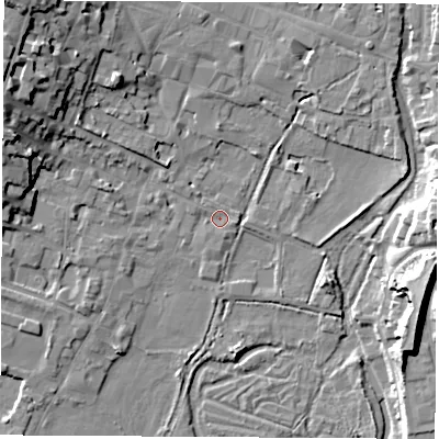 Shaded relief map of the ground around SO239NA, computed from Environment Agency LiDAR. The ground here sits at about 33 m above sea level and falls 20 m across the surrounding 800 m. Surface water reaching this point runs off ground lying to the west, 1.2 m higher.