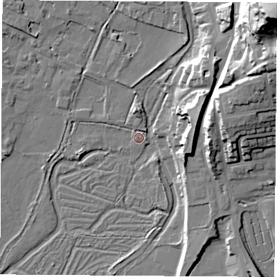 Shaded relief map of the ground around SO239NG, computed from Environment Agency LiDAR. The ground here sits at about 33 m above sea level and falls 55 m across the surrounding 800 m. Surface water reaching this point runs off ground lying to the north, 2.0 m higher.