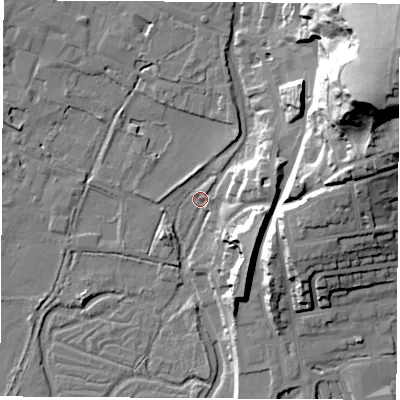 Shaded relief map of the ground around SO239NX, computed from Environment Agency LiDAR. The ground here sits at about 33 m above sea level and falls 59 m across the surrounding 800 m. Surface water reaching this point runs off ground lying to the north-east, 57.2 m higher.