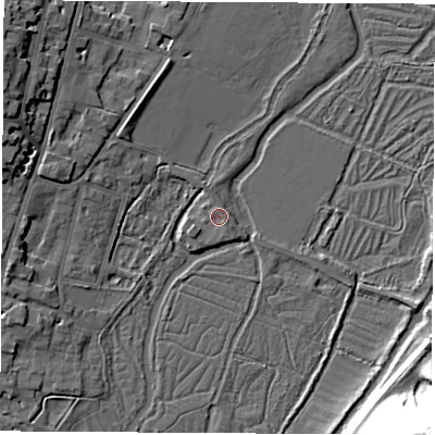 Shaded relief map of the ground around SO239QG, computed from Environment Agency LiDAR. The ground here sits at about 31 m above sea level and falls 47 m across the surrounding 800 m. Surface water reaching this point runs off ground lying to the south-east, 1.3 m higher.