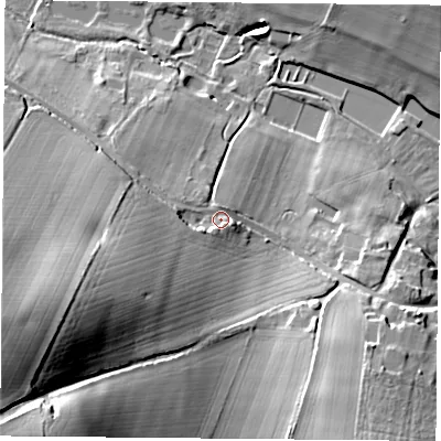 Shaded relief map of the ground around SO240AA, computed from Environment Agency LiDAR. The ground here sits at about 78 m above sea level and falls 41 m across the surrounding 800 m. Surface water reaching this point runs off ground lying to the south-west, 3.2 m higher.