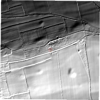 Shaded relief map of the ground around SO240JT, computed from Environment Agency LiDAR. The ground here sits at about 78 m above sea level and falls 42 m across the surrounding 800 m. Surface water reaching this point runs off ground lying to the south, 33.3 m higher.