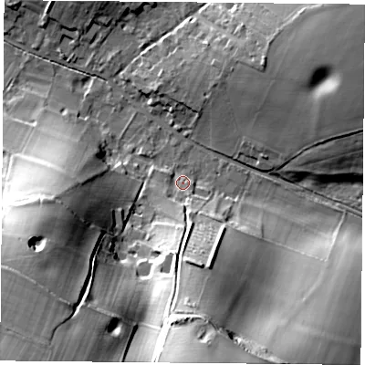 Shaded relief map of the ground around SO240LP, computed from Environment Agency LiDAR. The ground here sits at about 84 m above sea level and falls 45 m across the surrounding 800 m. Surface water reaching this point runs off ground lying to the south, 33.0 m higher.