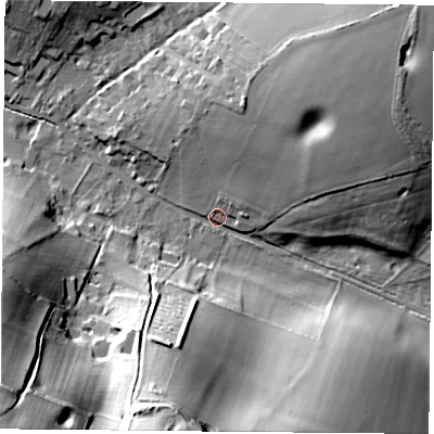 Shaded relief map of the ground around SO240LR, computed from Environment Agency LiDAR. The ground here sits at about 84 m above sea level and falls 43 m across the surrounding 800 m. Surface water reaching this point runs off ground lying to the south-south-west, 35.2 m higher.