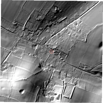 Shaded relief map of the ground around SO240LW, computed from Environment Agency LiDAR. The ground here sits at about 82 m above sea level and falls 42 m across the surrounding 800 m. Surface water reaching this point runs off ground lying to the south-south-east, 25.0 m higher.