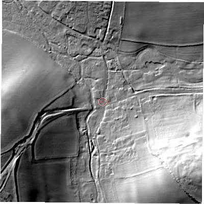 Shaded relief map of the ground around SO240NQ, computed from Environment Agency LiDAR. The ground here sits at about 71 m above sea level and falls 37 m across the surrounding 800 m. Surface water reaching this point runs off ground lying to the south-east, 34.3 m higher.